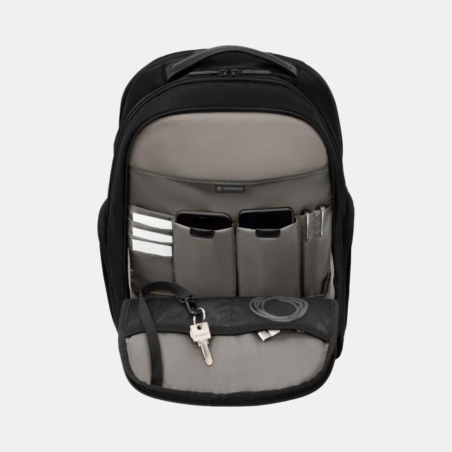 altmont professional essentials laptop backpack Victorinox Essential Luggage Online two stretch mesh side pockets and a zippered mesh pocket containing three storage slots Altmont Professional Essentials Laptop Backpack