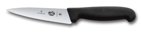 Victorinox Fibrox serrated utility knife with black handle on white background